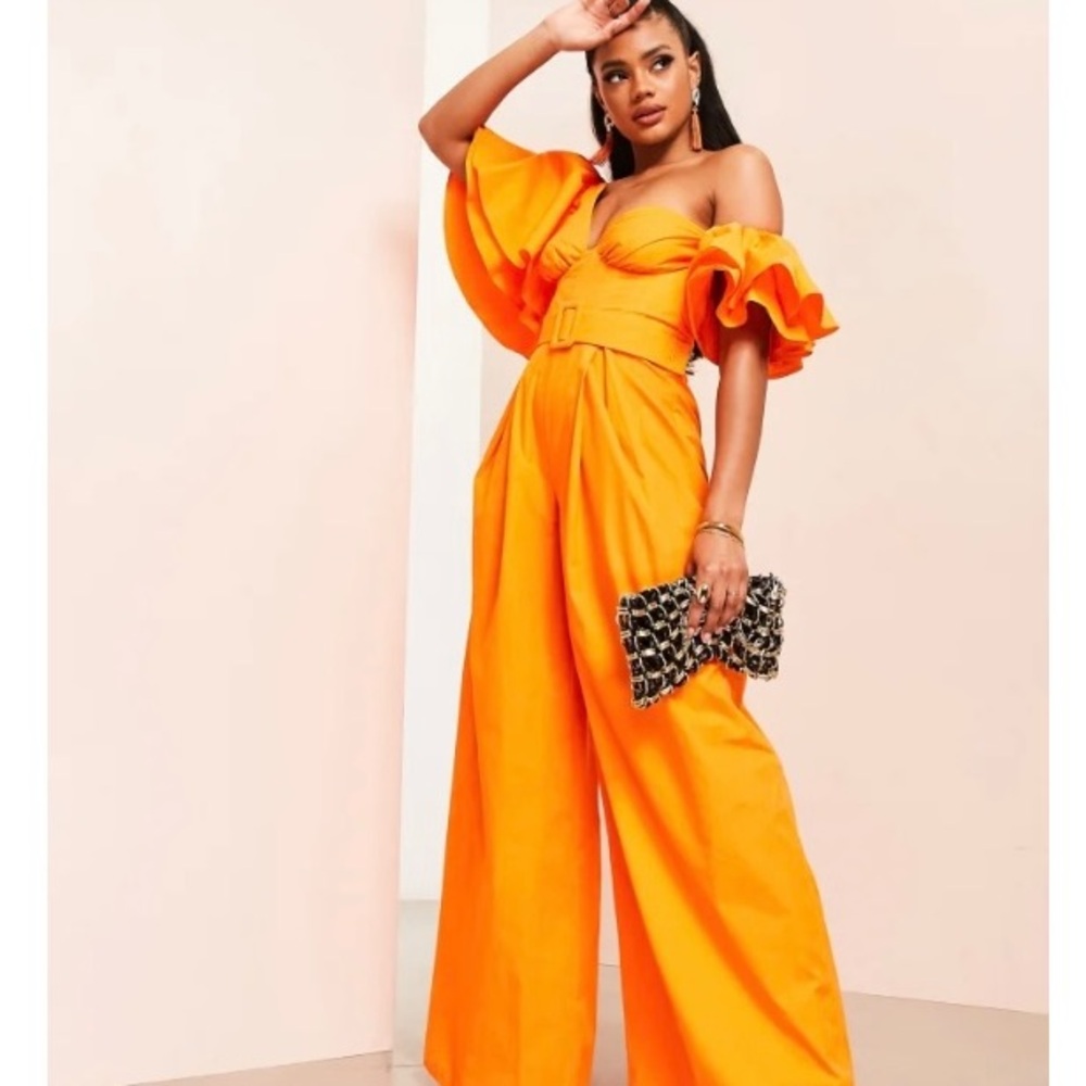 ASOS LUXE one shoulder
belted poplin jumpsuit
